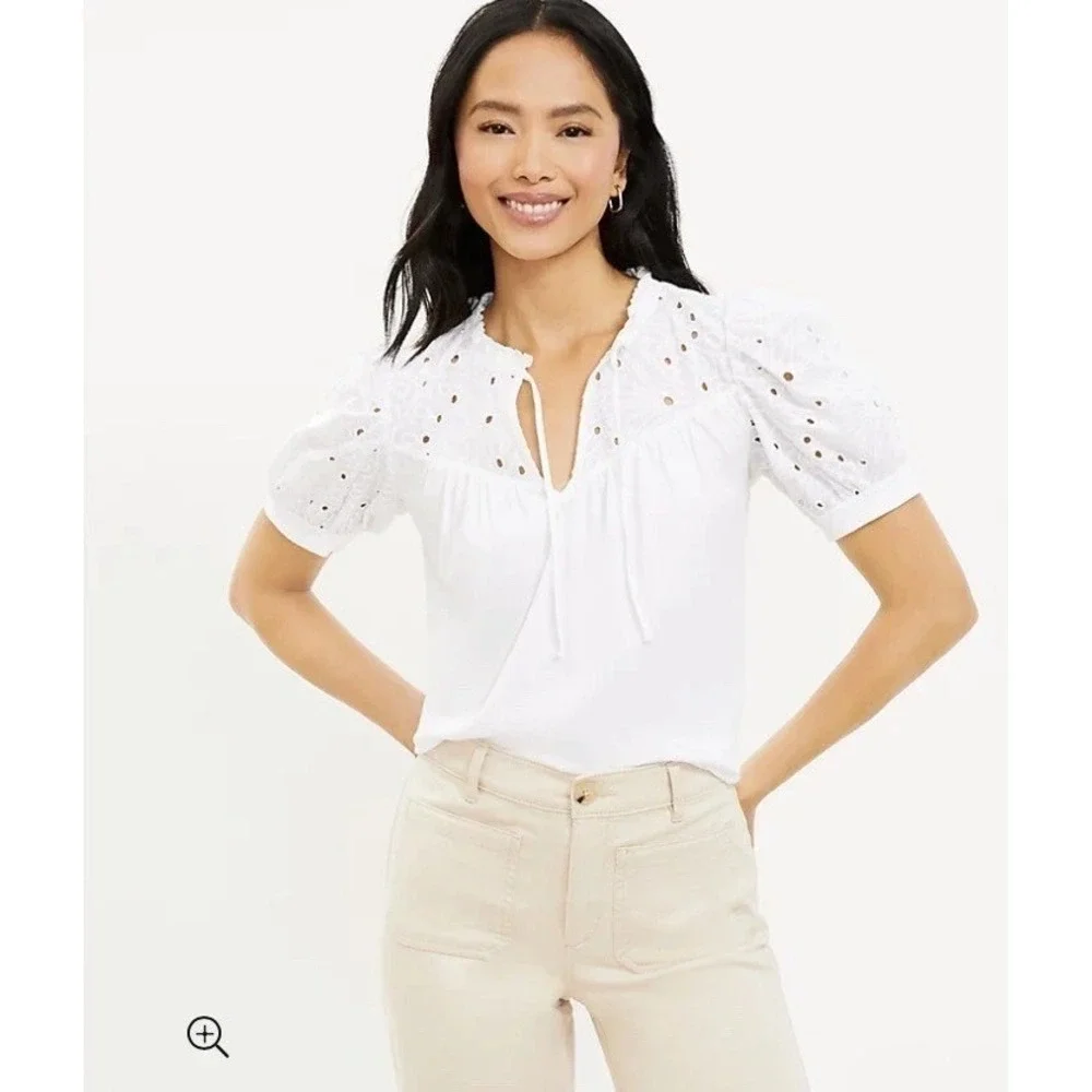 LOFT White Eyelet Tie Neck Puff Sleeve Mixed Media Top Soft Stretch Size M